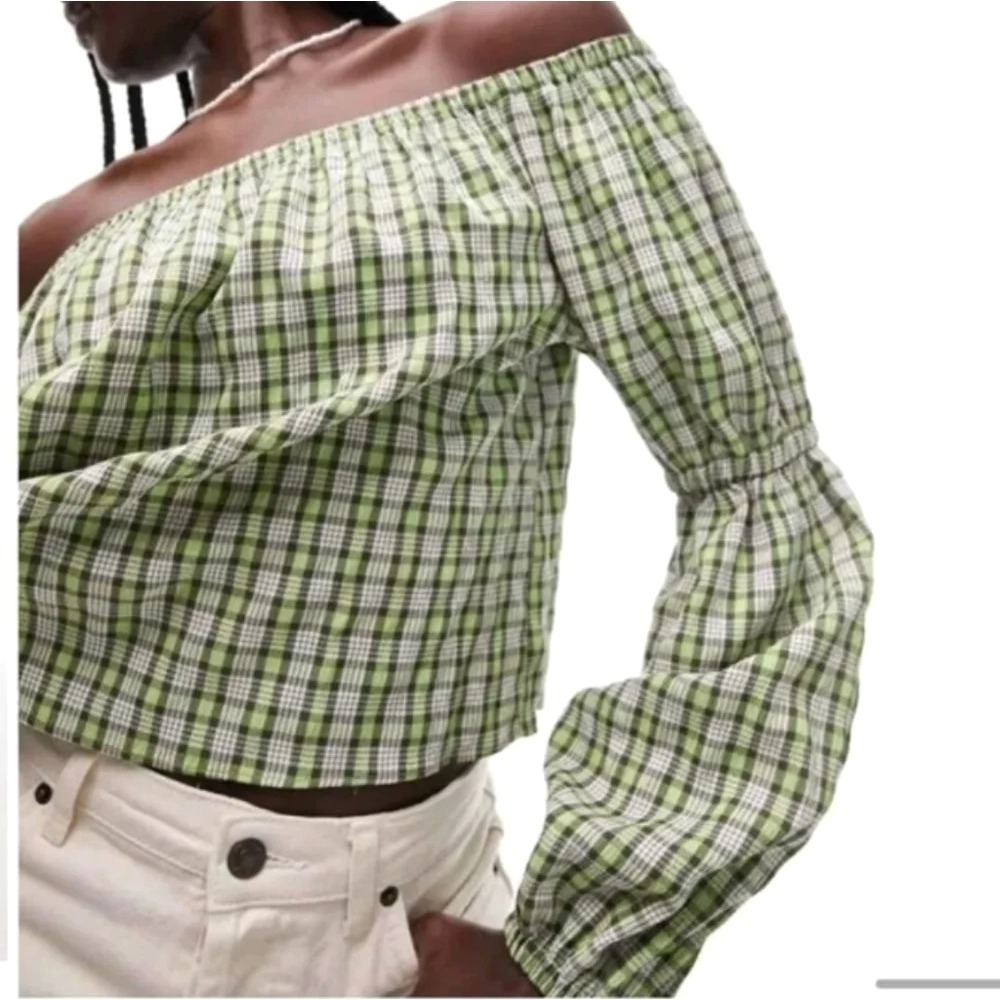 Topshop Womens Plaid Off Shoulder Blouse 10 Green Gingham Peasant Cottagecore